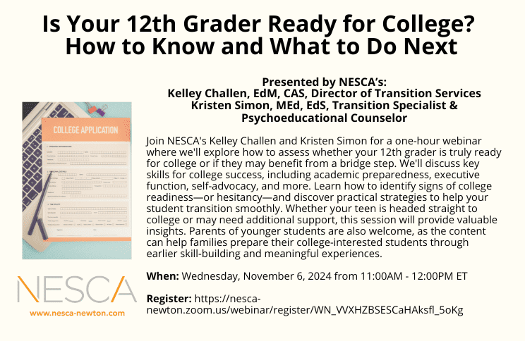 Description of a college readiness webinar with registration information on it and an image of a college application