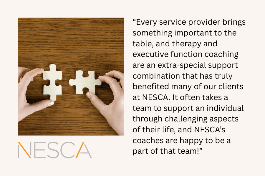 Quote from NESCA and an image of two puxxle pieces fitting together showing how therapy and EF coaching can complement each other