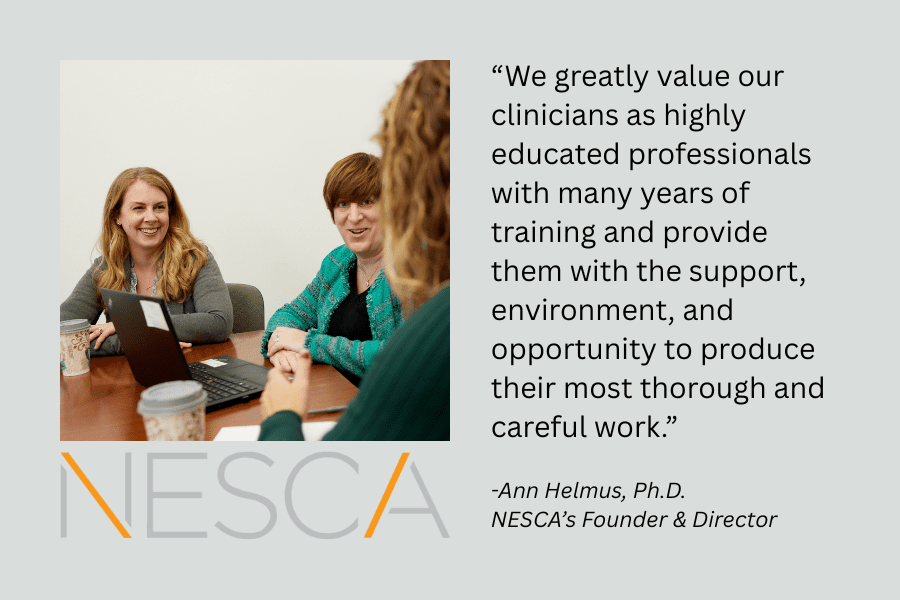 Image of NESCA clinicians conferring with each other and a quote from Dr. Ann Helmus