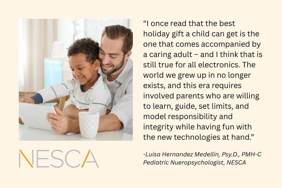 Image of an adult looking at a tablet with a child and a quote from Dr. Hernandez Medellin